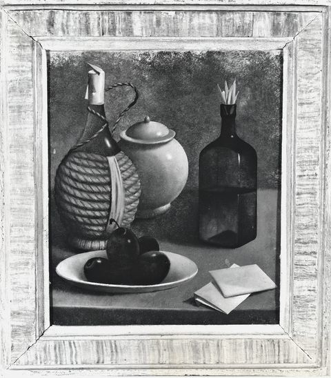Bottura, Erminio — Magini Carlo - sec. XVIII -Natura morta con fiasco, bottiglia e piatto di prugne — insieme